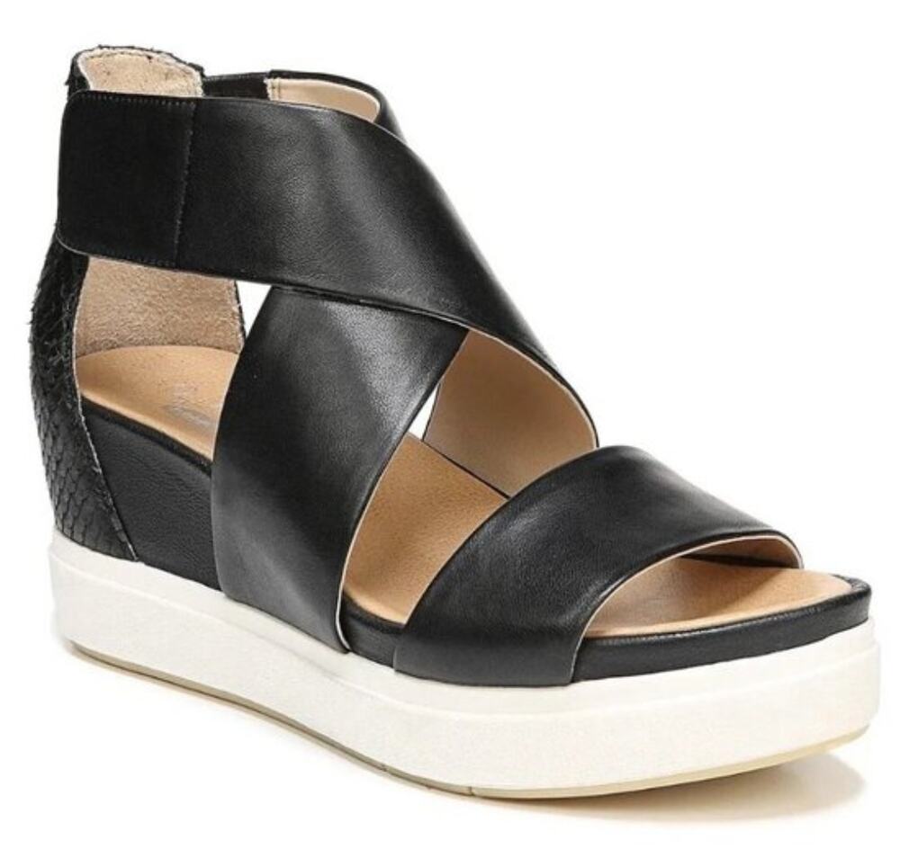 Dr Scholl's Scout Black Leather High Wedge Strappy Platform Comfort Sandals 10